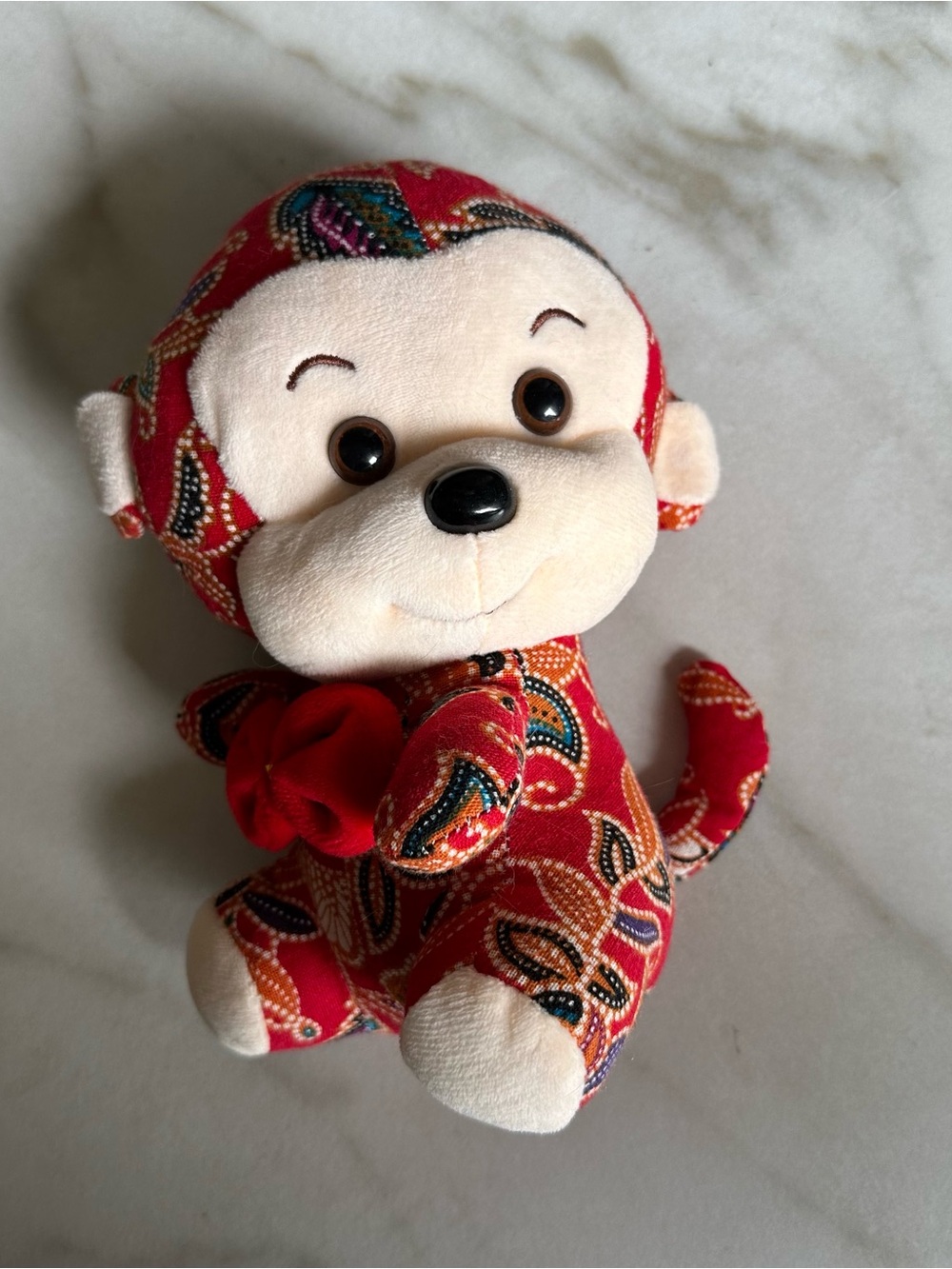 Vintage Batik Print Plush Monkey Hanging Stuffed Animal Toy Ribbon Red ~8"